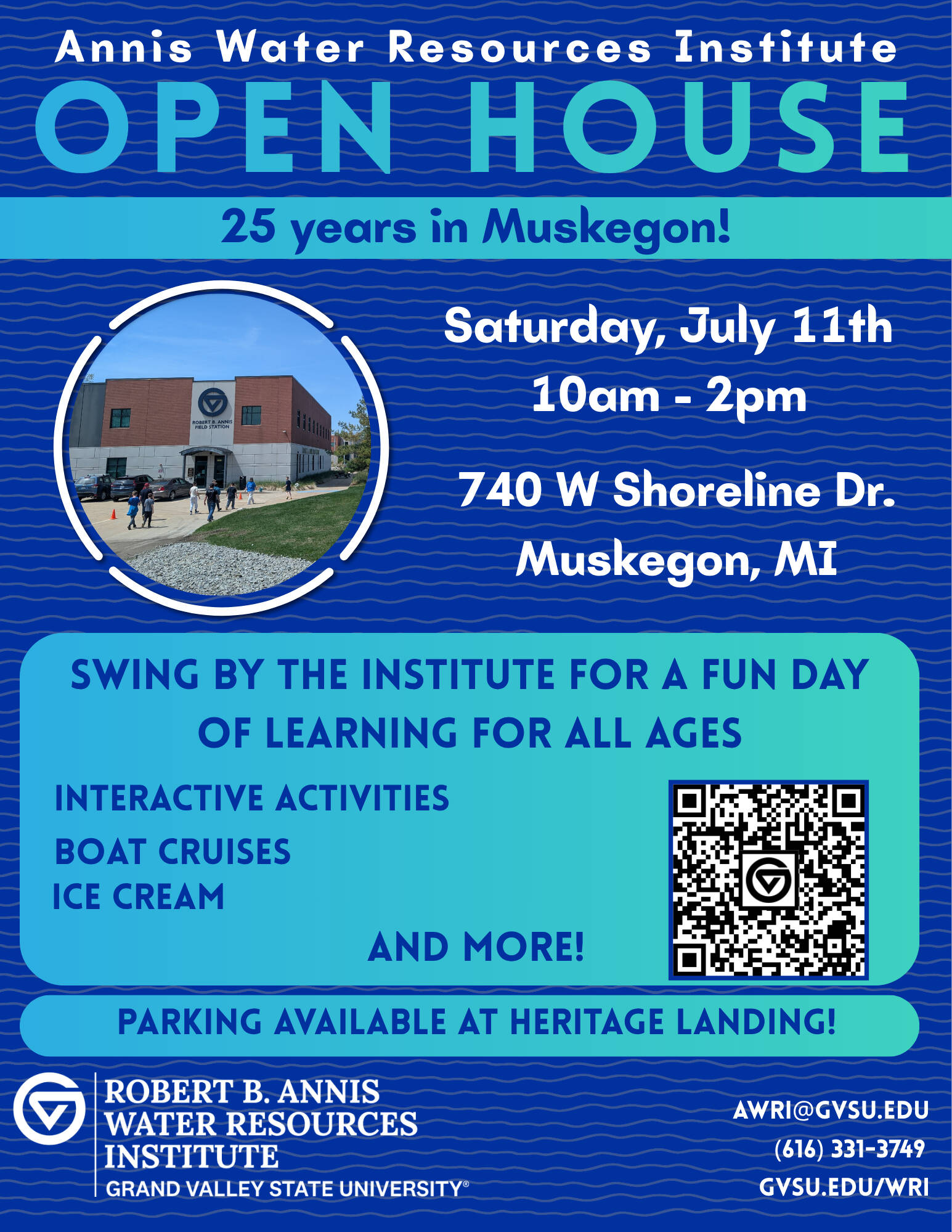 AWRI open house flyer for July 11, 2026 advertising fun day for all ages with activities, boat cruises, and ice cream.
